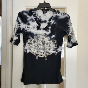 Sledge USA Y2K Tie-Dye Rhinestone Crest V-Neck Top XL Made in USA